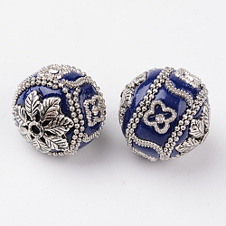 Round Handmade Indonesia Beads, with Rhinestones and Antique Silver Plated Alloy Cores, Medium Blue, 22x20mm, Hole: 2mm(IPDL-L002-06A)