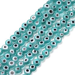 Handmade Lampwork Beads, Flat Round with Evil Eye, Medium Turquoise, 4.5x2.5mm, Hole: 0.6mm, about 90~100pcs/strand, 15.35''~15.75''(39~40cm)(LAMP-P056-01G)