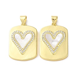 Valentine"s Day Brass Micro Pave Clear Cubic Zirconia Pendants, with Shell, Heart, Real 18K Gold Plated, 25x17.5x2.2mm, Hole: 3.5x6mm(KK-B083-41M-G)