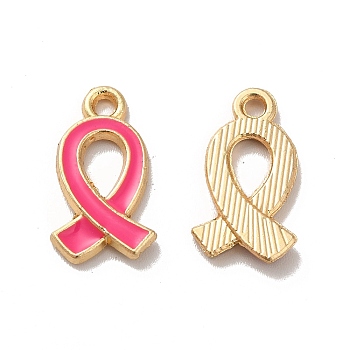 Alloy Enamel Pendants, Golden, October Breast Cancer Pink Awareness Ribbon Charm, Deep Pink, 17x10x2mm, Hole: 1.6mm