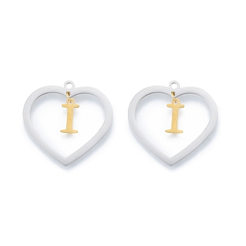 201 Stainless Steel Pendants, Hollow, Heart with Letter A~Z, Real Gold Plated & Stainless Steel Color, Letter.I, 29x29.5x1mm, Hole: 2mm, A~Z: 12x8~10.5x1mm