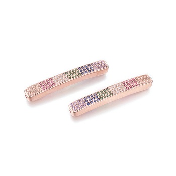 Brass Micro Pave Cubic Zirconia Beads, Lead Free & Cadmium Free, Long-Lasting Plated, Rectangle, Colorful, Rose Gold, 36x5x3mm, Hole: 1mm