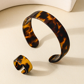Leopard Print Acrylic Cuff Bangle & Finger Rings Sets for Women, Chocolate, Inner Diameter: 60mm