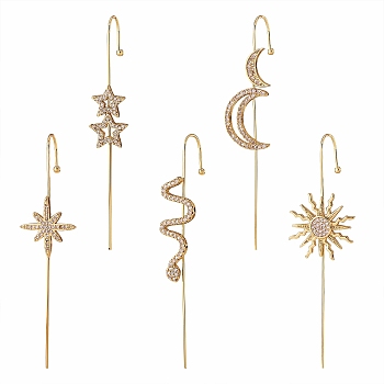 5Pcs 5 Style Sun & Moon & Snake & Star Stud Earring, Brass Micro Pave Cubic Zirconia Ear Wrap Crawler Hook Earrings, Earcuffs for Her, Nickel Free, Golden, 70mm, Pin: 1mm, 1pc/style