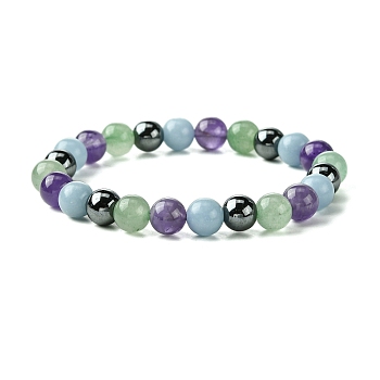 Synthetic Non-Magnetic Hematite & Natural Green Aventurine & Natural Amethyst & Natural Angelite Round Beaded Stretch Bracelets, Aquarius, Inner Diameter: 2-1/8 inch(5.5cm)