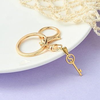 304 Stainless Steel Initial Letter Key Charm Keychains, with Alloy Clasp, Golden, Letter S, 8.8cm