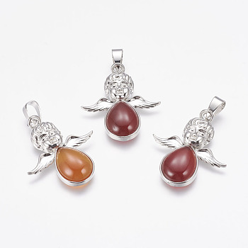 Natural Carnelian Pendants, Angel, with Brass Finding, Platinum, 35x29.5x6mm, Hole: 4x7mm