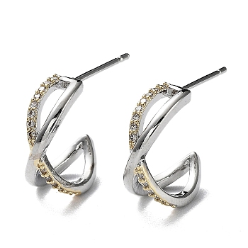 Two Tone Brass Micro Pave Clear Cubic Zirconia Criss Cross Stud Earrings, Half Hoop Earrings, Long-Lasting Plated, Platinum & Golden, 14.5x7mm