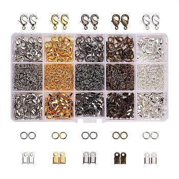 Jewelry Findings Kits, with Iron Cord Ends, Brass Lobster Claw Clasps and Iron Jump Rings, Mixed Color, 5~12x3~7x0.7~2.3mm