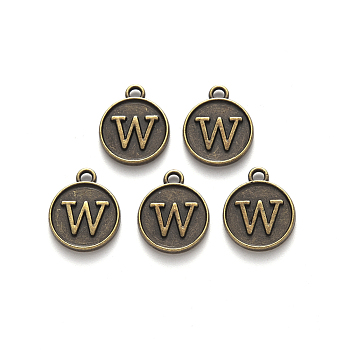 Alloy Pendant Cabochon Settings, For Enamel, Cadmium Free & Lead Free, Flat Round with Letter, Antique Bronze, Letter.W, 14x12x2mm, Hole: 1.5mm
