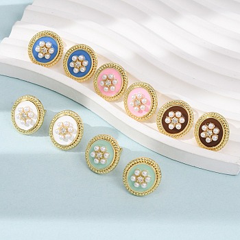 Brass Micro Pave Clear Cubic Zirconia Stud Earrings, Oval, ABS Imitation Pearl & Enamel Stud Earrings, Golden, Mixed Color, 18x16mm