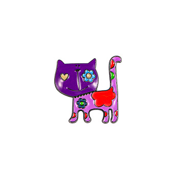 Cat with Flower Badges, Alloy Enamel Pins, Cute Cartoon Brooch, Purple, 26x25mm