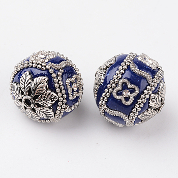 Round Handmade Indonesia Beads, with Rhinestones and Antique Silver Plated Alloy Cores, Medium Blue, 22x20mm, Hole: 2mm