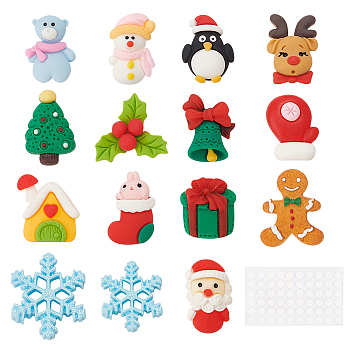 30Pcs 15 Styles Christmas Theme Opaque Resin Cabochons, with 60Pcs Acrylic Double-sided Glue Point Dots, Snowman & Santa Claus & Snowflake, Mixed Shapes, Mixed Color, 20~28.5x15.5~26x4.5~9mm, 2pcs/style