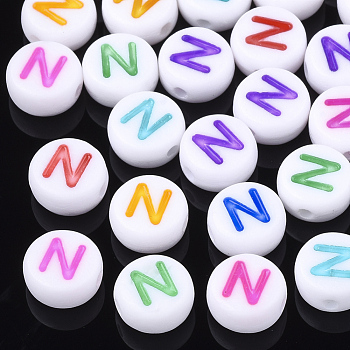 Initial Acrylic Beads, Horizontal Hole, Flat Round, Mixed Color, Letter.N, 7x3.5~4mm, Hole: 1.2mm, about 370pcs/50g