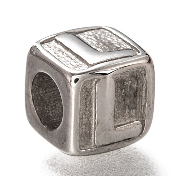 304 Stainless Steel European Beads, Large Hole Beads, Horizontal Hole, Cube with Letter, Stainless Steel Color, Letter.L, 8x8x8mm, Hole: 4.5mm