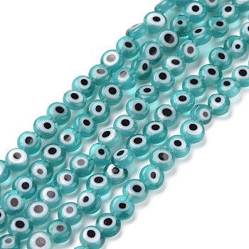 Handmade Lampwork Beads, Flat Round with Evil Eye, Medium Turquoise, 4.5x2.5mm, Hole: 0.6mm, about 90~100pcs/strand, 15.35''~15.75''(39~40cm)