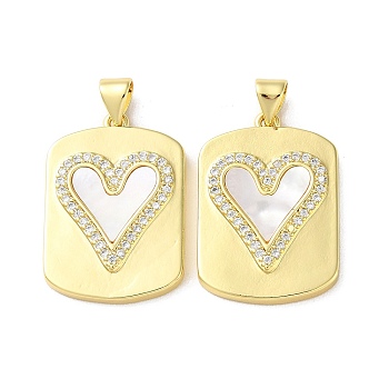 Valentine"s Day Brass Micro Pave Clear Cubic Zirconia Pendants, with Shell, Heart, Real 18K Gold Plated, 25x17.5x2.2mm, Hole: 3.5x6mm