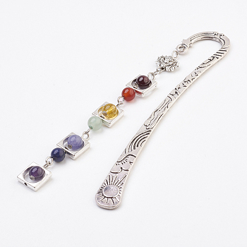 Natural Gemstone Pendants Bookmarks, with Tibetan Style Alloy Findings, 130x23x6.5mm