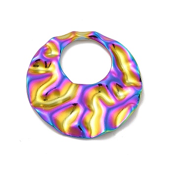 Ion Plating(IP) 304 Stainless Steel Pendants, Textured, Round Ring Charm, Rainbow Color, 35x34.5x2.5mm, Hole: 15.5mm