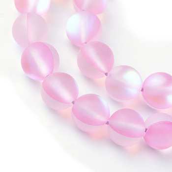 Synthetic Moonstone Beads Strands, Holographic Beads, Dyed, Frosted, Round, Pink, 6mm, Hole: 1mm, about 60~62pcs/strand, 14~15 inch