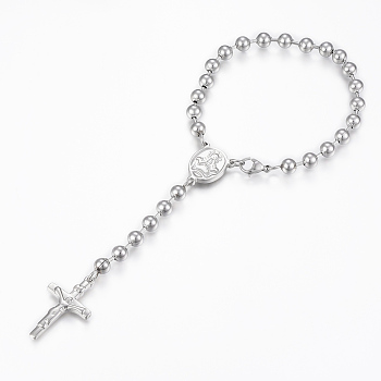 304 Stainless Steel Charm Bracelets, with Crucifix Cross and Oval with Virgin Mary Pendants, For Easter, Stainless Steel Color, 7-7/8 inch(200mm), 6mm