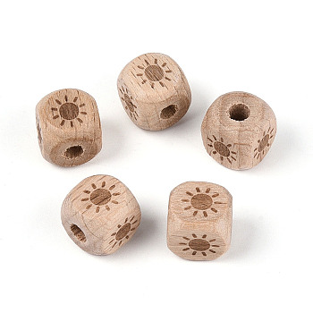 Laser Engraved Beech Wood European Beads, Cube & Sun, Large Hole Beads, Tan, 12x12x12mm, Hole: 4.5mm