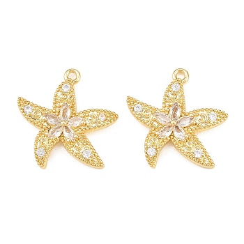 Brass Micro Pave Cubic Zirconia Pendants, Starfish Charms, Long-Lasting Plated, Rack Plating, Lead Free & Cadmium Free, Real 18K Gold Plated, 21x20.5x3.5mm, Hole: 1.5mm