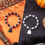 2Pcs Halloween Alloy Enamel Charm Bracelets, Glass Beads Stretch Bracelets for Men Women, Round & Ghost, Mixed Color, Inner Diameter: 2-1/4 inch(5.85cm)(BJEW-JB12106)