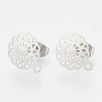 Non-Tarnish 304 Stainless Steel Stud Earring Findings, with Loop, Flower, Stainless Steel Color, 13x10.5mm, Hole: 1mm, pin: 0.7mm(STAS-S079-36B)