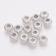 Brass Cubic Zirconia Stopper Beads, with Rubber, Rondelle, Nickel Free, Real Platinum Plated, 7x4mm, Rubber Hole: 1mm(KK-T025-03P)