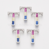 Brass Cubic Zirconia Slide Charms, Real Platinum Plated, Colorful, Letter, Letter.T, 18x15x5mm, Hole: 1x1mm and 1x4mm(ZIRC-S063-01T-P)