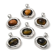 Natural Tiger Eye Pendants, Brass Oval Charms, Real Platinum Plated, 21x19x6mm, Hole: 4.5x3mm(KK-M270-43P)