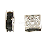 Brass Rhinestone Spacer Beads, Grade A, Square, Nickel Free, Black, Silver Color Plated, Size: about 6mmx6mmx3mm, hole: 1mm(X-RSB072-04S)