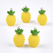 Resin Pendants, with Platinum Plated Iron Findings, Imitation Food, Pineapple, Yellow, 32~33x19~20x18~19mm, Hole: 2mm(X-RESI-T028-51)