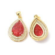 Real 16K Gold Plated Brass Micro Pave Cubic Zirconia Pendants, with Glass, Teardrop Charms, Red, 23.5x16x7mm, Hole: 5x3.5mm(ZIRC-L103-062G-01)