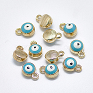 Light Gold Plated Alloy Charms, with Enamel, Flat Round with Evil Eye, Sky Blue, 10x7x4.5mm, Hole: 1.5mm(X-ENAM-S117-27A)