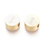 304 Stainless Steel Beads, Flat Round with Letter, Letter.I, 10x4.5mm, Hole: 2mm(STAS-I126-02G-I)