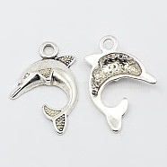 Alloy Pendants, Lead Free and Cadmium Free, Dolphin, Antique Silver Color, 24x21x4mm, Hole: 3mm(X-EA9708Y)