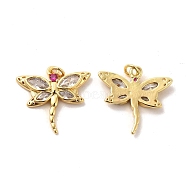 Brass Micro Pave Cubic Zirconia Pendants, with Glass & Jump Ring, Dragonfly Charm, Golden, Camellia, 17.5x18.5x2.5mm, Hole: 2.5mm(KK-A180-09G)