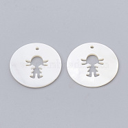Freshwater Shell Pendants, Flat Round with Girl, Creamy White, 25x1.5~2mm, Hole: 1.5mm(SHEL-N020-10)