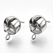 Iron Stud Earring Findings, with Loop, Raw(Unplated) Pin, Love Knot Earrings, Cadmium Free & Nickel Free & Lead Free, Platinum, 16~17x12.5~13.5mm, Hole: 2mm, Pin: 0.8mm(IFIN-T014-15P-NR)