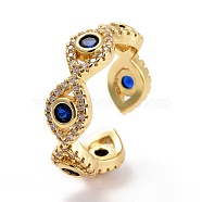 Evil Eye Cubic Zirconia Cuff Ring, Real 18K Gold Plated Brass Open Ring for Women, Lead Free & Cadmium Free, Blue, US Size 6 1/2(16.9mm)(RJEW-E170-08G)