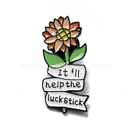 Enamel Pins, Electrophoresis Black Plated Alloy Brooch, Word It'll Help The Luck Stick, Flower, 35x16x2mm(JEWB-I027-01A)