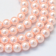 Baking Painted Pearlized Glass Pearl Round Bead Strands, PeachPuff, 8~9mm, Hole: 1mm, about 105pcs/strand, 31.4 inch(HY-Q330-8mm-05)