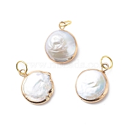 Electroplate Natural Baroque Pearl Keshi Pearl Pendants, Cultured Freshwater Pearl, with 304 Stainless Steel Jump Rings, Flat Round Charm, Golden, 18x15x3.5mm, Jump Ring: 6x0.8mm, Inner Diameter: 4.5mm(PALLOY-JF01896)
