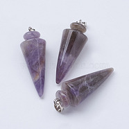 Natural Amethyst Pendants, with Platinum Plated Brass Findings, Cone/Spike/Pendulum, 43~45x16mm, Hole: 5x7mm(X-G-P236-07)