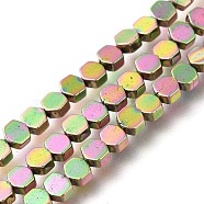 Electroplated Synthetic Non-magnetic Hematite Beads Strands, Hexagon, Rainbow Plated, 4.2x4x2mm, Hole: 0.6mm, about 102~104pcs/strand, 16.02 inch(40.7cm)(G-C154-B01-01F)