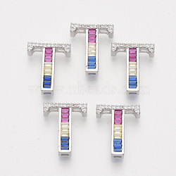 Brass Cubic Zirconia Slide Charms, Real Platinum Plated, Colorful, Letter, Letter.T, 18x15x5mm, Hole: 1x1mm and 1x4mm(ZIRC-S063-01T-P)