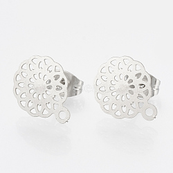 304 Stainless Steel Stud Earring Findings, with Loop, Flower, Stainless Steel Color, 13x10.5mm, Hole: 1mm, pin: 0.7mm(STAS-S079-36B)